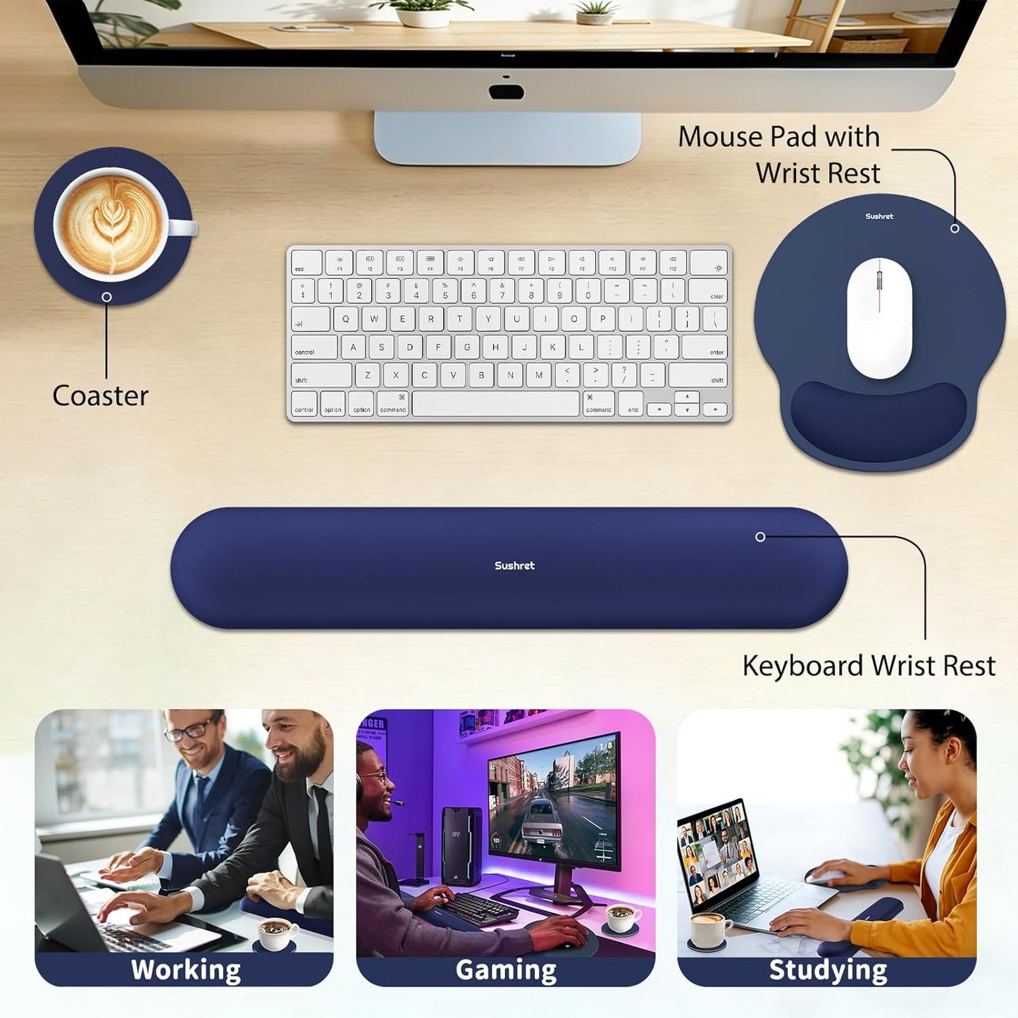 Sushret Mouse Pad and Keyboard Wrist Rest, 3-in-1 Gel Memory Foam Ergonomic Mouse Pad with Wrist Rest Set,Gaming Mousepad Arm Cushion Support for Computer Office Desk Accessories Cute Setup,Sage Green