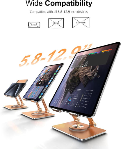Orlian Tablet Stand Holder with Thickened 360°Rotating Base Dual Rod Adjustable Aluminum Stand for All 5.8-12.9” iPad Samsung Phone Tablet Kindle E-Reader and More, Black
