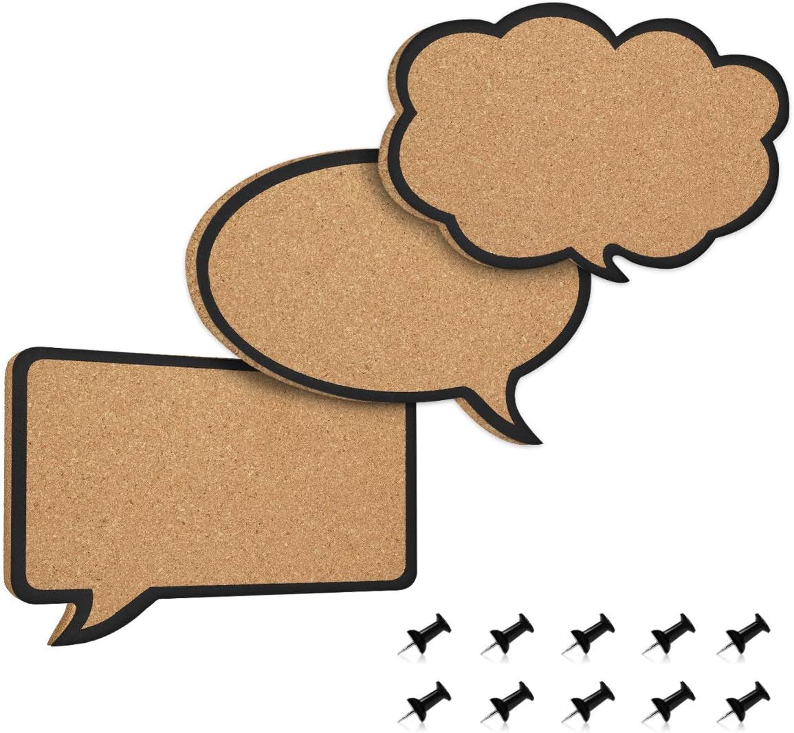 Navaris Cork Bulletin Board Set - 3X Pieces Cork Boards in Cute Decorative Speech and Thought Bubble Shapes with Push Pins for Kitchen, Home, Office
