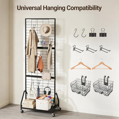 ELYKEN Foldable Grid Wall Panels 5.7' x 2' FT, Movable Wire Gridwall Display Rack with Wheels and Adjustable Foots, Retail Display Stand for Vendor with Storage (Rustic Brown)