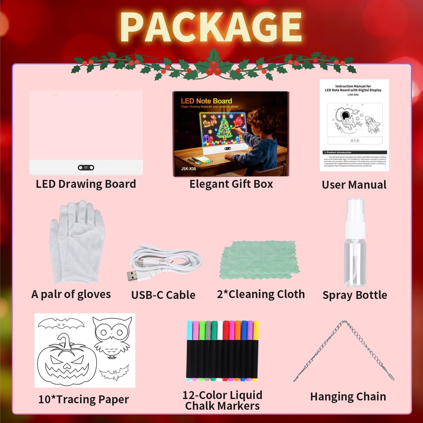 Rechargeable LED Drawing Board for Kids, 16" Light Up Acrylic Dry Erase Led Note Board with Stand, 11 Light Effects Drawing Tablet, Birthday Holiday Toy Gifts for Kids, 12 Markers (White)