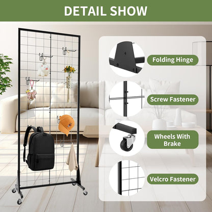 3-Pack 2' x 5.5' Grid Wall Panels Standing Wire Grid, Display Rack with T-Base Wheels Freestanding Gridwall Panel Tower for Shop, for Art Fairs Black