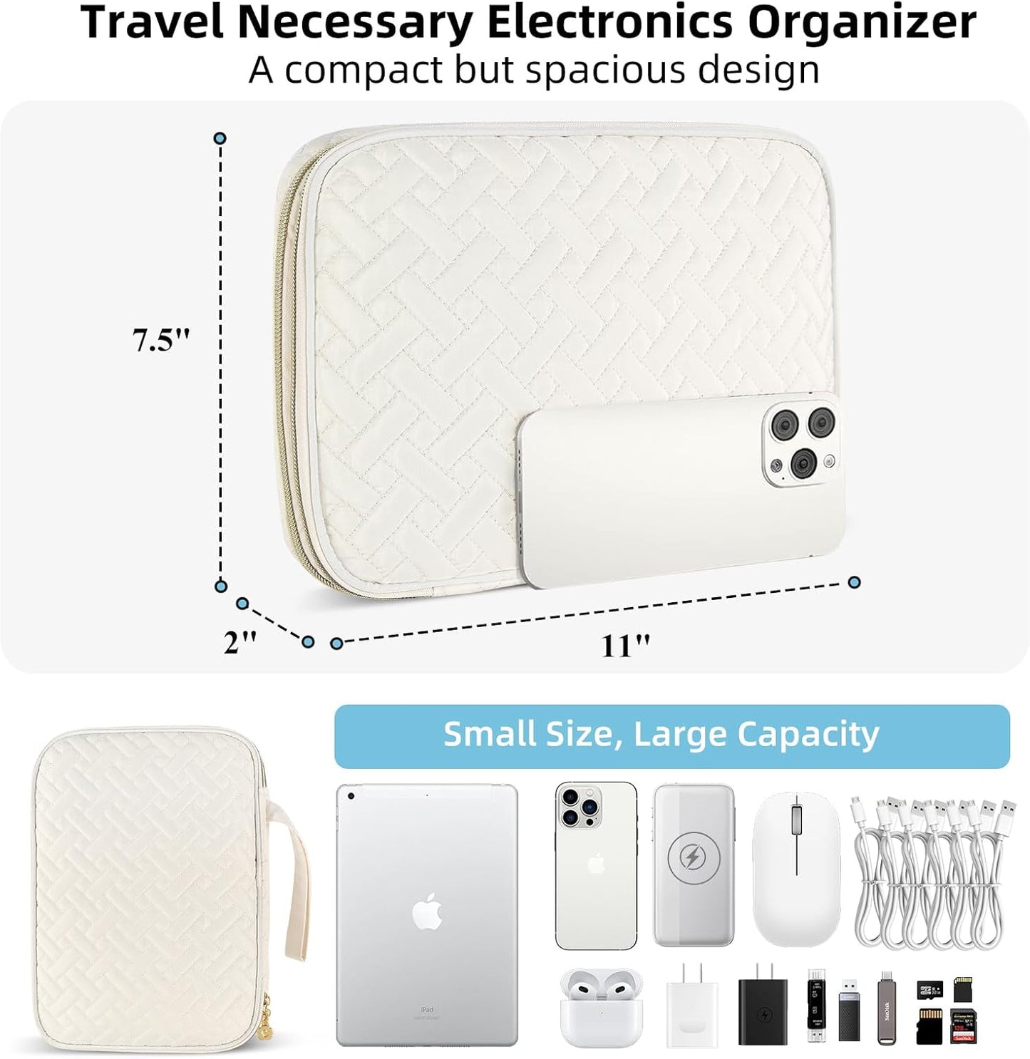 Electronics Organizer Travel Case, Charger Bag Cord Organizer Travel, Compact Tech Pouch Cable Organizer Bag for Charger, Cords, Phone, Headphones, Flash Drive, SD Card (Pink, Small-Double Layer)
