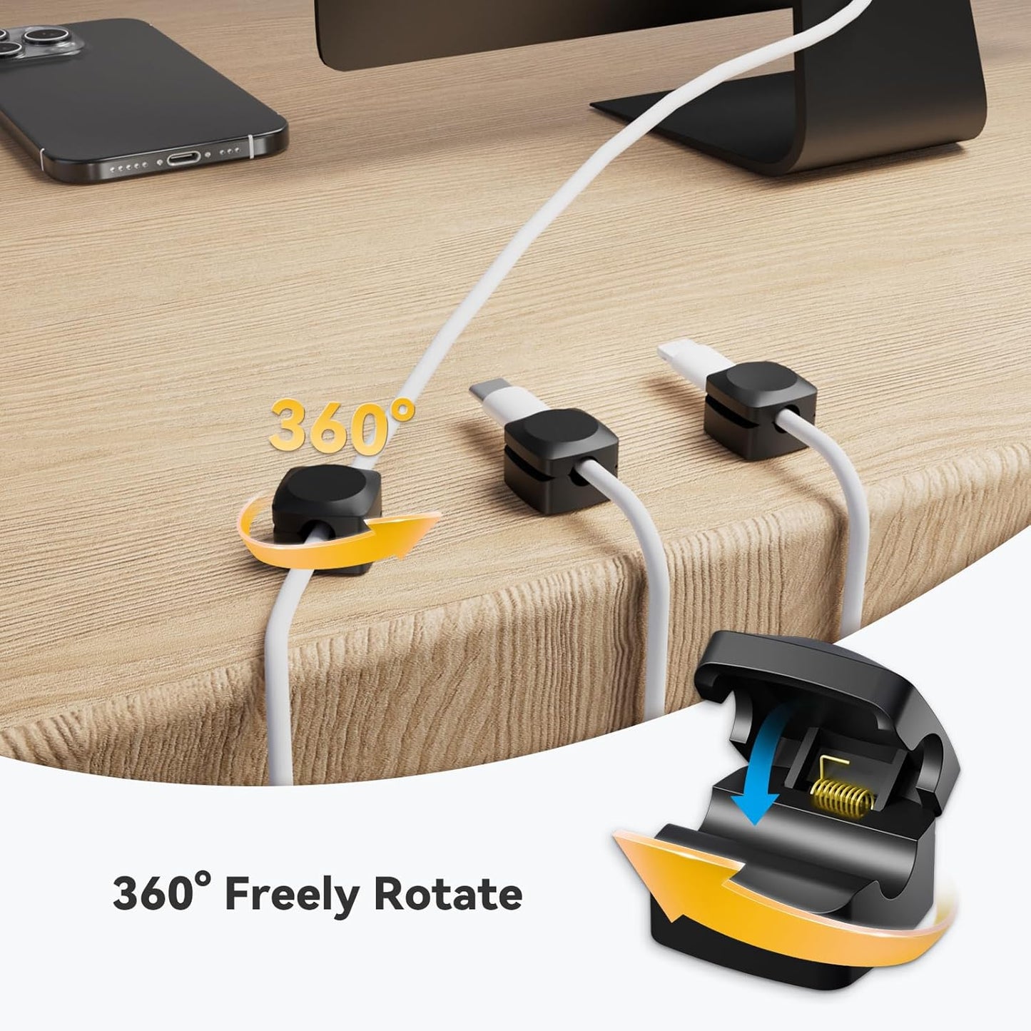Rotatable Cord Organizer, Enhanced Spring Cable Clips, Strong Adhesive Cable Management, Desk Cord Holder for Nightstand, Office Accessories and Car (8*White)