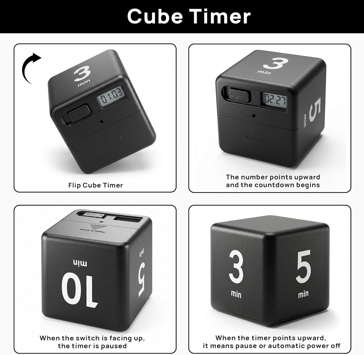 JOYIT Cube Timer 1 3 5 10 Minutes - Flip Countdown Visual Timer for Time Management, Kitchen, Workout, Study, Classroom, Office, Games