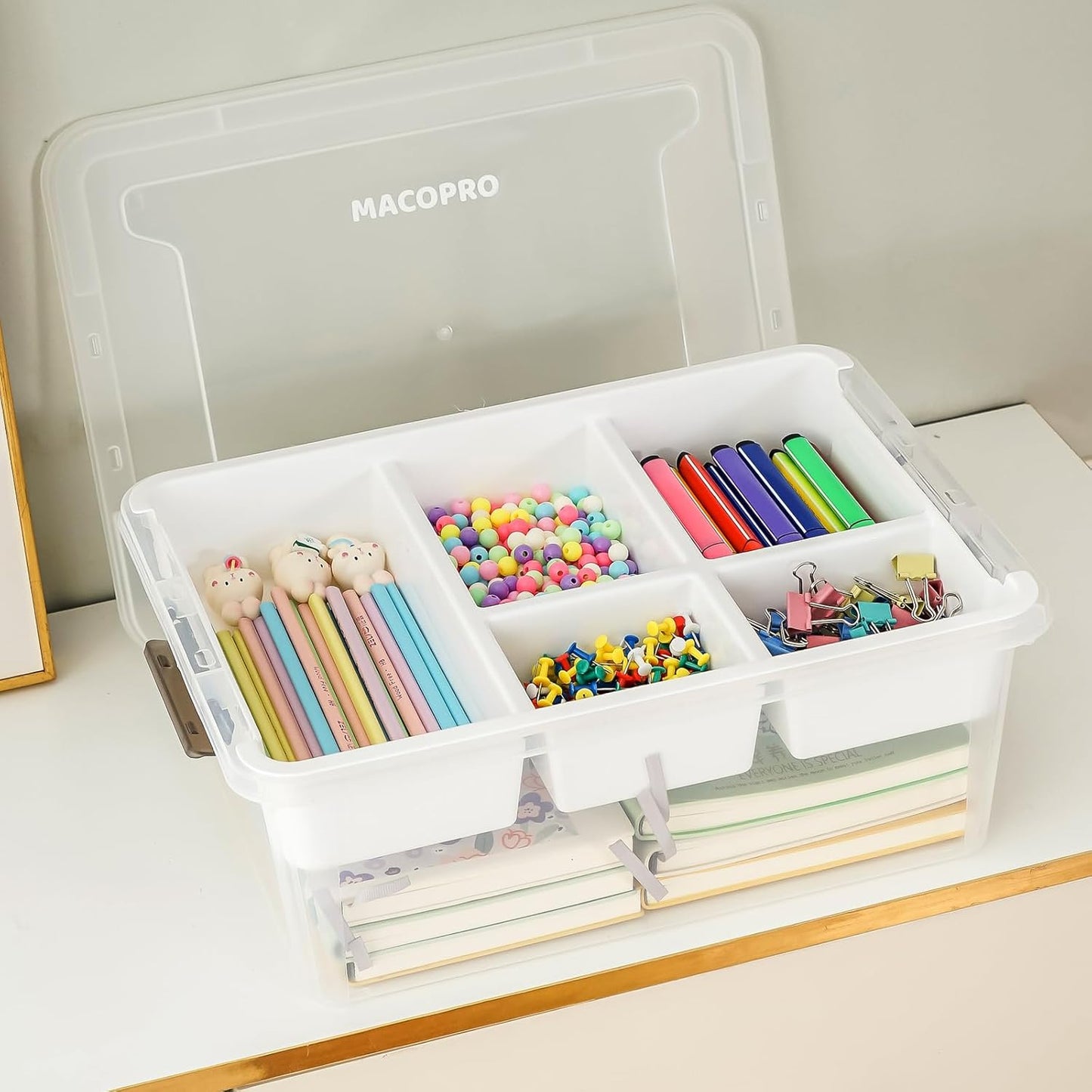 MACOPRO 17QT Craft Storage Box with 2 Removable Caddy Trays, Clear Stackable Plastic Organizer with Lid for Art Supplies, Beads, Sewing Tools, Pens & Kids Toys (White, 1Pack-2-in-1)