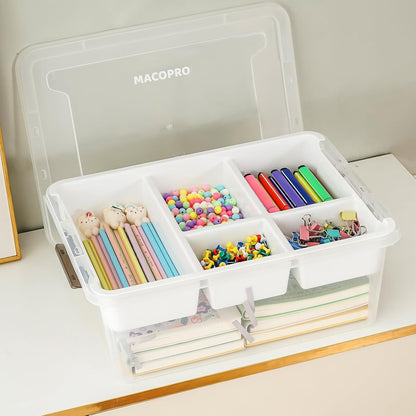 MACOPRO 17QT Craft Storage Box with 2 Removable Caddy Trays, Clear Stackable Plastic Organizer with Lid for Art Supplies, Beads, Sewing Tools, Pens & Kids Toys (White, 1Pack-2-in-1)