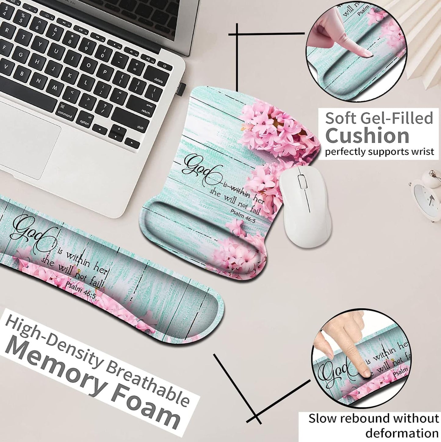 Mouse Pad with Wrist Support, Ergonomic Gel Mouse Pad Beautiful Flowers,Non-Slip Durable, Memory Foam Keyboard Wrist Rest, Suitable for Office Typing Games, Pink Hyacinths on Wood Panel