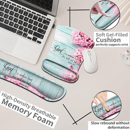 Mouse Pad with Wrist Support, Ergonomic Gel Mouse Pad Beautiful Flowers,Non-Slip Durable, Memory Foam Keyboard Wrist Rest, Suitable for Office Typing Games, Pink Hyacinths on Wood Panel