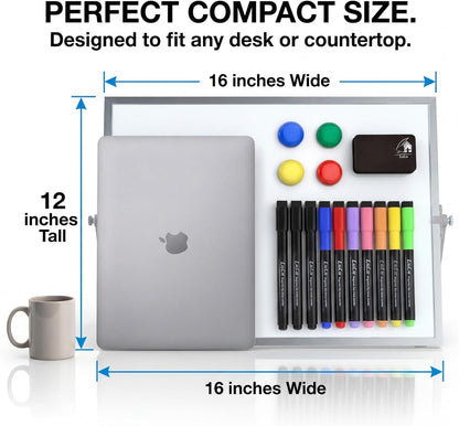 Magnetic Dry Erase Board 16x12 Inch - Double-Sided Desktop Whiteboard with 360° Rotating Stand - Small Portable White Board Set with 10 Markers, 4 Magnets, Eraser for Home Office, School, Desk