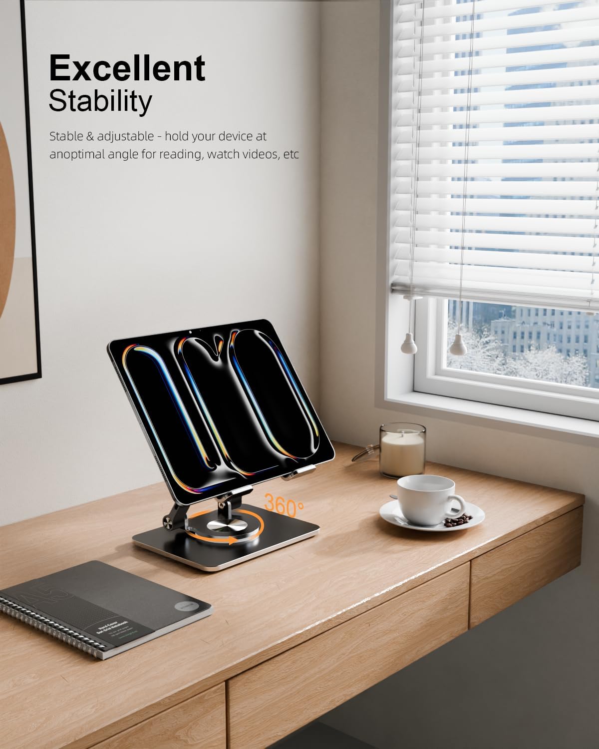 Orlian Tablet Stand Holder with Thickened 360°Rotating Base Dual Rod Adjustable Aluminum Stand for All 5.8-12.9” iPad Samsung Phone Tablet Kindle E-Reader and More, Black
