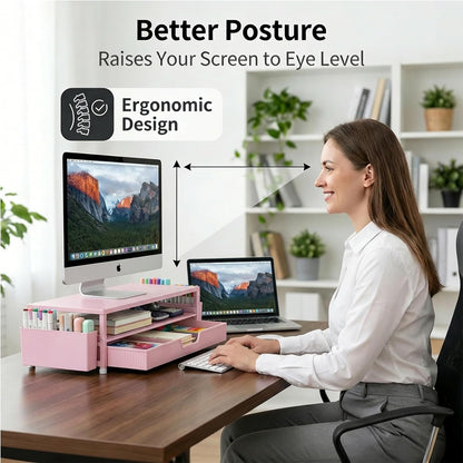 ECOLOVI Desk Organizer and Accessories, 2-Tier Computer Monitor Stand Rise with Storage Drawer & 2 Pen Holders, Laptop & Printer Stand for Desktop, Workspace Organizers for Office Supplies (Brown)