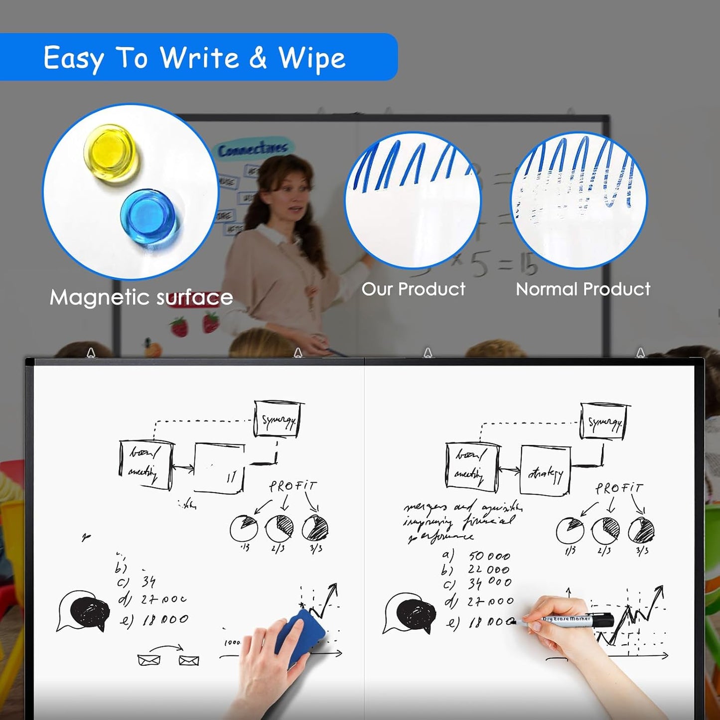 Magnetic White Board Dry Erase Board for Wall，72" x 40" Wall-Mounted Aluminum Frame Marker Board, Foldable Portable Whiteboard with a Long Pen Tray for School, Classroom, Office & Home