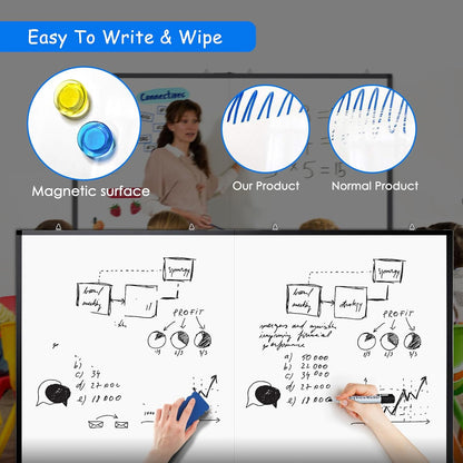 Magnetic White Board Dry Erase Board for Wall，72" x 40" Wall-Mounted Aluminum Frame Marker Board, Foldable Portable Whiteboard with a Long Pen Tray for School, Classroom, Office & Home