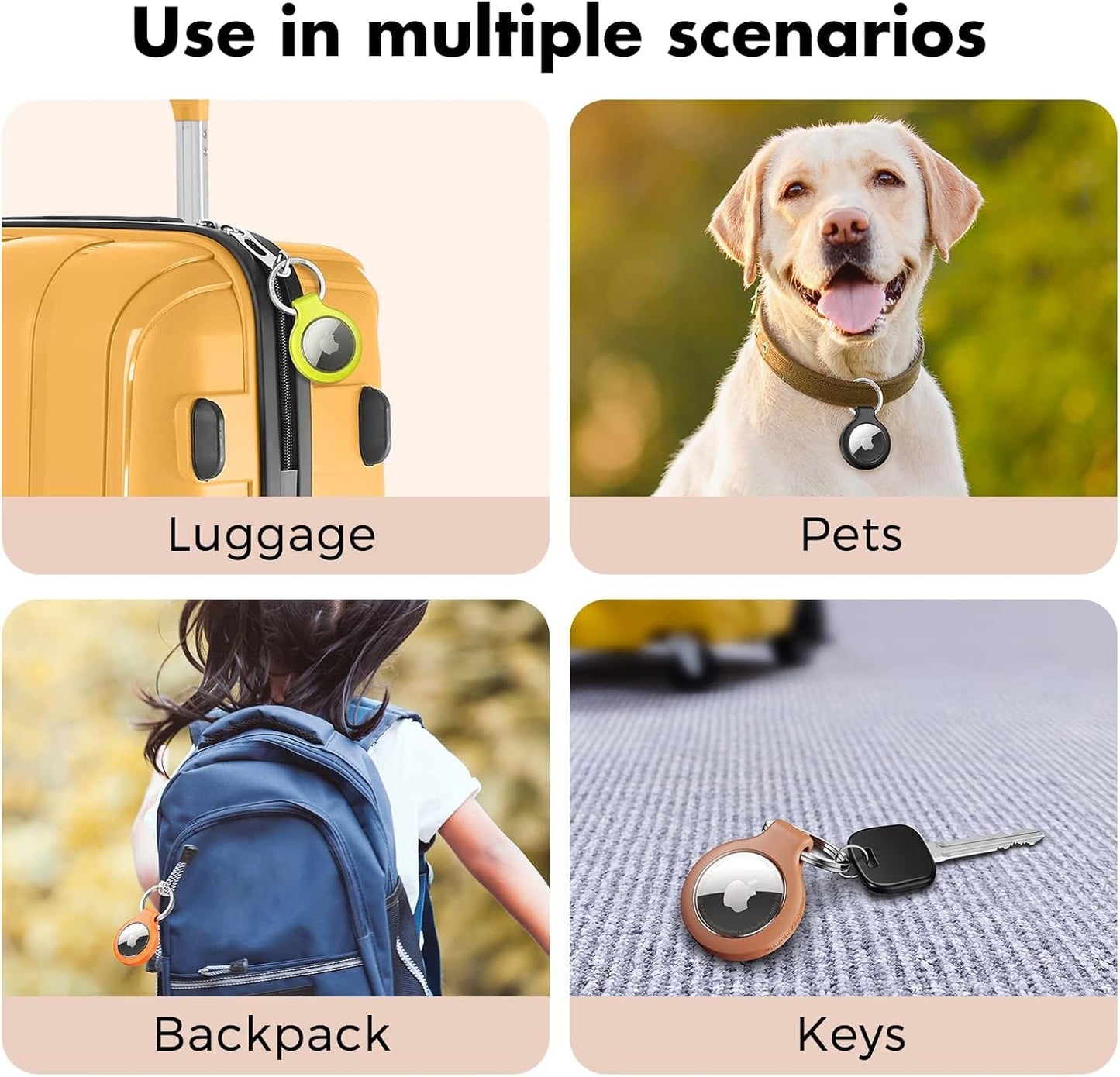 UNBREAKcable AirTag Holder for Apple - 4 Pack Air Tag Case [Fit Tightly Design] [Easy to Install] [Hold Securely] Waterproof TPU Protective Cover with Metal Keychain for Kids,Pet,Luggage,Backpack,Keys