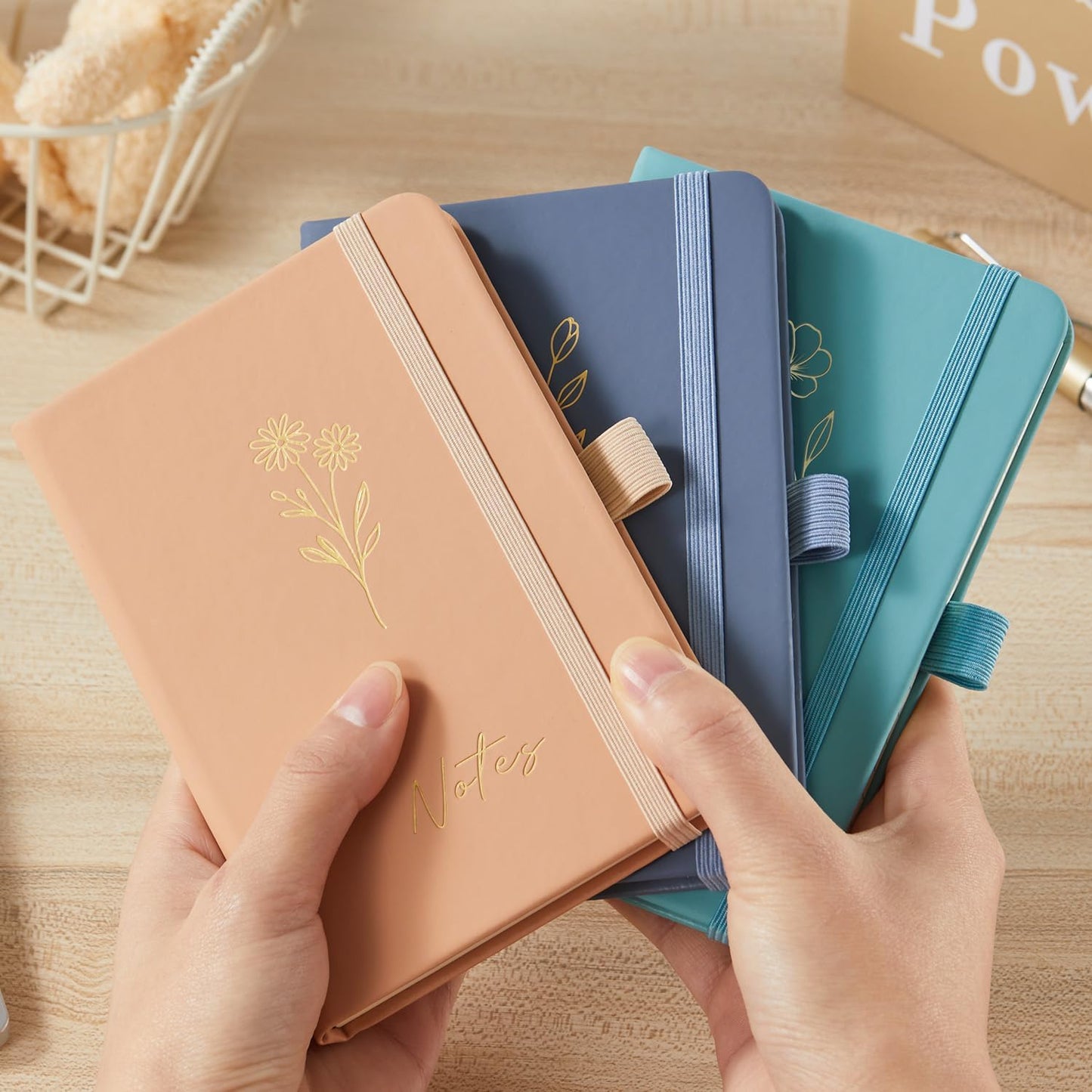 NIRMIRO 3 Pack Pocket Notebook Journals, Small Notepad Notebooks for Note Taking, A6 Mini Note pads with Pen Holder, 408 Lined Pages, 3.7" x 5.7", Black, Brown, Blue