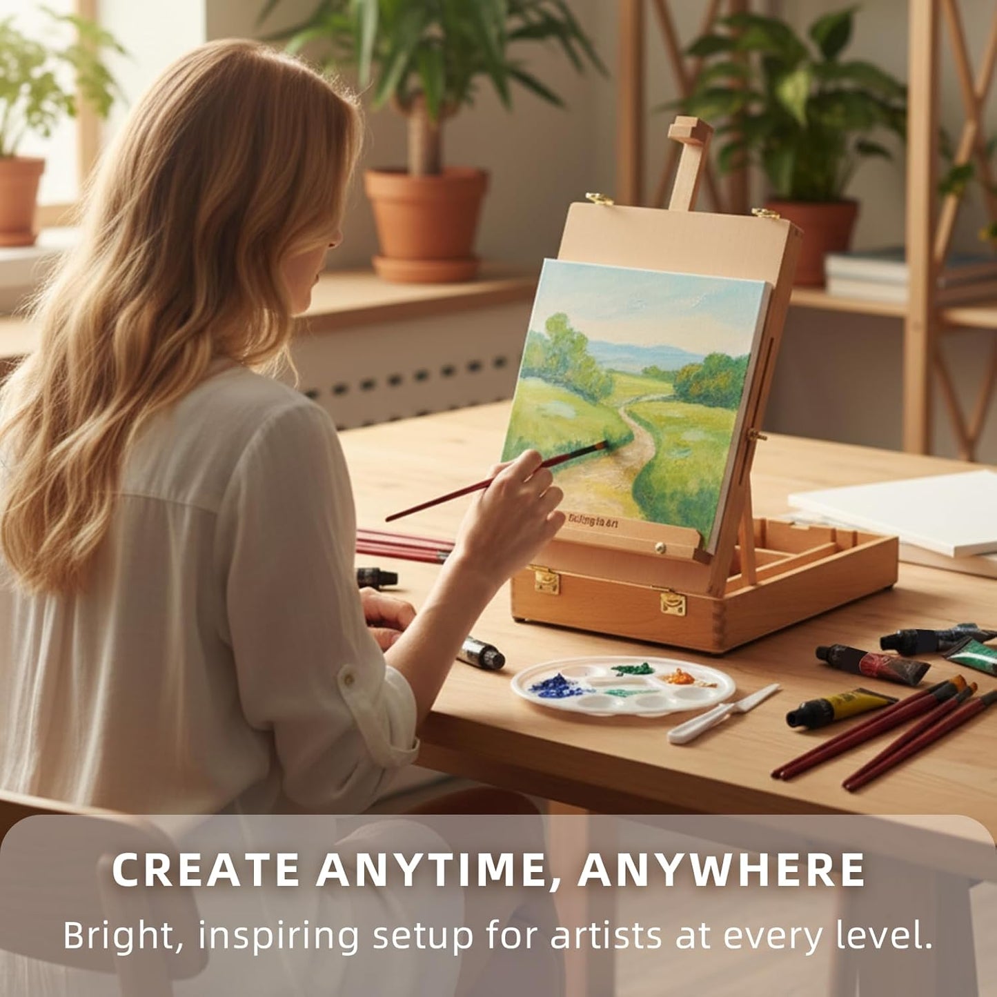 Falling in Art Wooden Tabletop Easel, Beech Wood Sketchbox Desktop Easel for Painting, Portable Art Drawing Easel for Beginners and Professionals