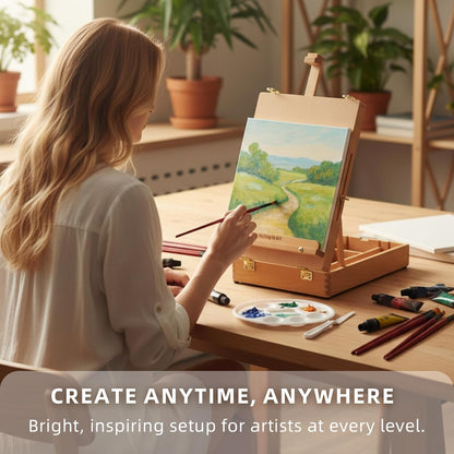 Falling in Art Wooden Tabletop Easel, Beech Wood Sketchbox Desktop Easel for Painting, Portable Art Drawing Easel for Beginners and Professionals
