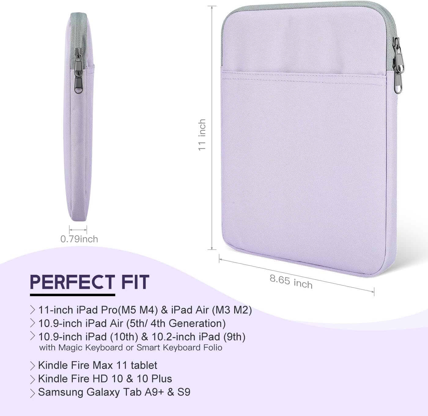 9-11 inch Tablet Sleeve Case for Fire Max 11 Tablet/Kindle Fire HD 10 Plus 10.1", iPad Pro M5 M4 /A16 11-in, iPad Air M2 M3 M4, 10.2 10.5 10.9 iPad Air, Galaxy Tab A9+ Plus, Fit Magic Keyboard -Purple