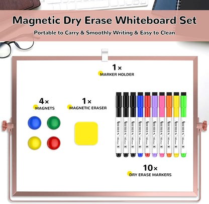 Dry Erase White Board, 16inX12in Large Magnetic Desktop Whiteboard with Stand, 10 Markers, 4 Magnets, 1 Eraser, Portable Double-Sided White Board Easel for Memo to Do List Desk Office