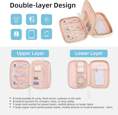 Electronics Organizer Travel Case, Charger Bag Cord Organizer Travel, Compact Tech Pouch Cable Organizer Bag for Charger, Cords, Phone, Headphones, Flash Drive, SD Card (Pink, Small-Double Layer)