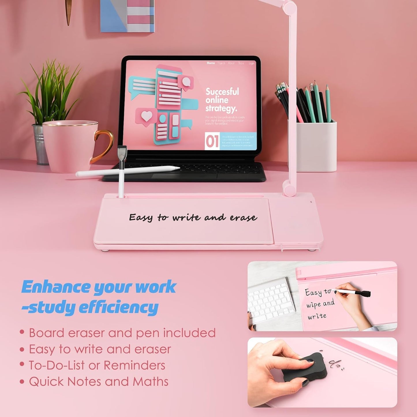 SHANTRA 16'' x 7'' Desktop Whiteboard with Fast Charger Station & Adjustable LED Lamp, Pink Desk Dry Erase Board with Organizer, Computer Pad & Keyboard Stand for Home, School, Office Desk Accessories