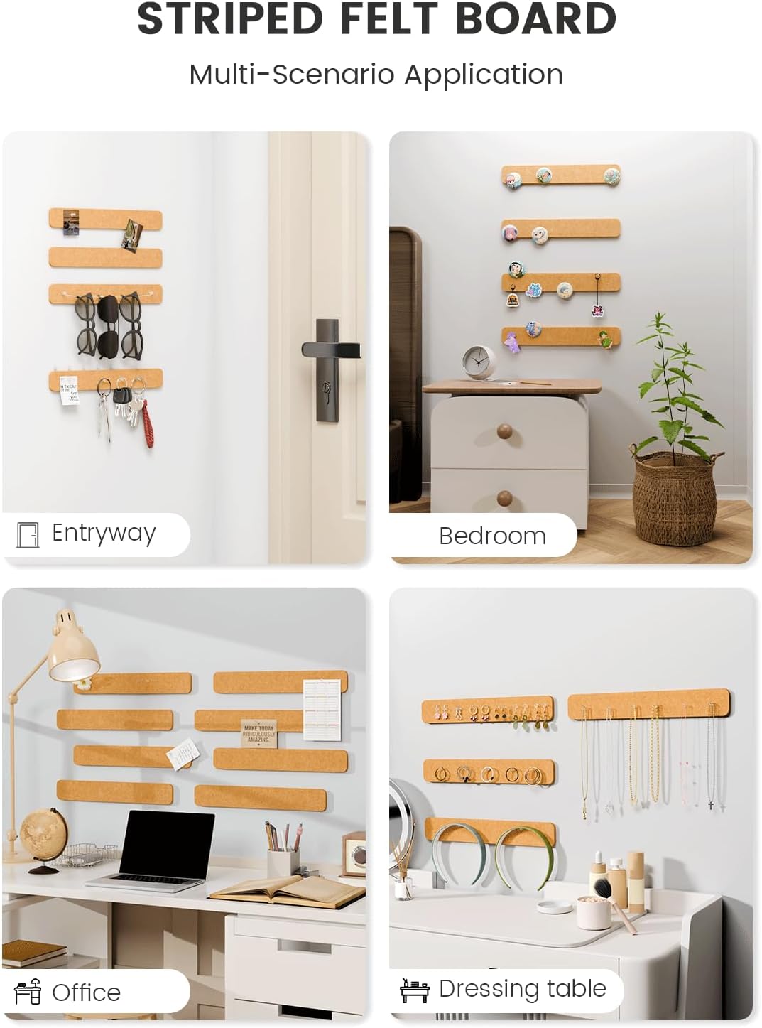 Fluxynara Cork Board Alternative Felt Strip Board 8-Pack 13"x2", Office Pin Board with 50 Push Pins, Adhesive Install for Bedroom Door & Home Office(Linen Dusk)