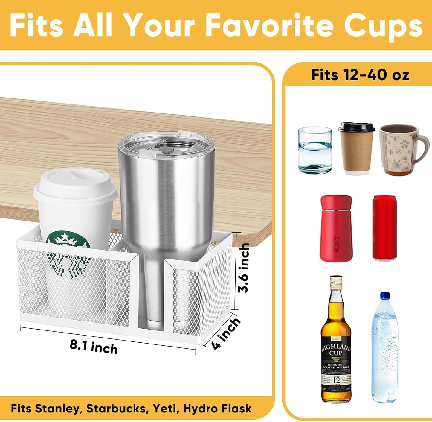 Dual Slots Clip On Metal Desk Cup Holder, Fits up to 40oz cups – No Spill Clamp for Table, Bed, Chair – Large Adjustable Drink Holder for Yeti, Hydro Flask, Starbuck – Mountable Cup Attachment - Black