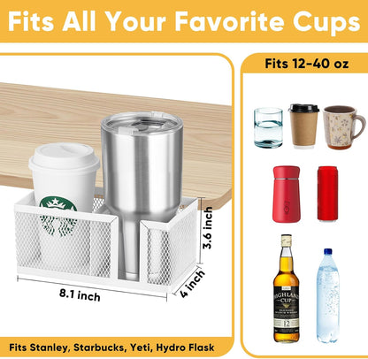 Dual Slots Clip On Metal Desk Cup Holder, Fits up to 40oz cups – No Spill Clamp for Table, Bed, Chair – Large Adjustable Drink Holder for Yeti, Hydro Flask, Starbuck – Mountable Cup Attachment - Black