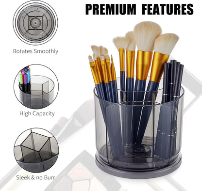 Makeup Brush Holder Organizer -Rotating 360° Clear Storage Cup Containers for Vanity, Desk, Countertop, Spinning Pen Holder for Desk, Round Make up Brush Stand with 5 Slots, for Cosmestics (Clear)
