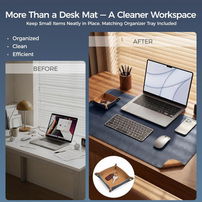 Premium Faux Leather Desk Mat & Tray Set，Innovative Cork-Look Printed Base，Gift Tube Packaging，Full-Desk Coverage，Non-Slip Desk Pad for Office Home（Olive Green）