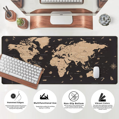 World Map Desk Mat Historical World Map Desk Pad Extra Large Computer Mouse Pad XL Black Topographic Mousepad Keyboard Pad for Desk Gaming Computer Laptop Office Non-Slip Desk Pad 31.5x11.8 in