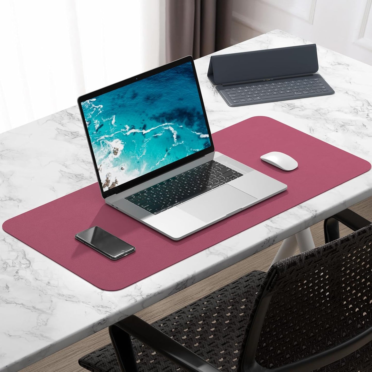Hsurbtra Desk Pad, 23.6" x 13.8" PU Leather Desk Mat, M Extended Mouse Pad, Waterproof Desktop Blotter Protector, Non-Slip Ultra Thin Small Laptop Keyboard Writing Mat for Office Home, Pink