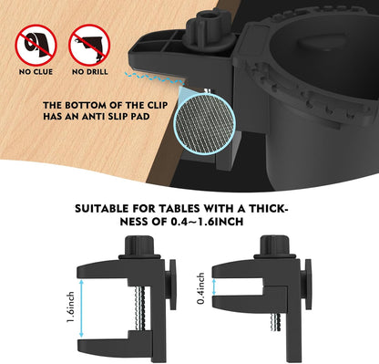 Desk Cup Holder with Spill-Proof Cup Design, Clip on Cup Holders for Desk, Table, Porch Swing, Patio Chair , Fits Maximum Diameter of 3/3.38 inches Bottles. (Black, Large)