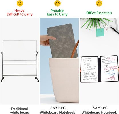 SAYEEC Whiteboard Notebook, Portable Dry Erase Board with 3 Colors Fineliner Pens, Black PU Cover Erasable Handheld White Board Reusable Drawing Notebook Easel Pad for Meeting Business Office School