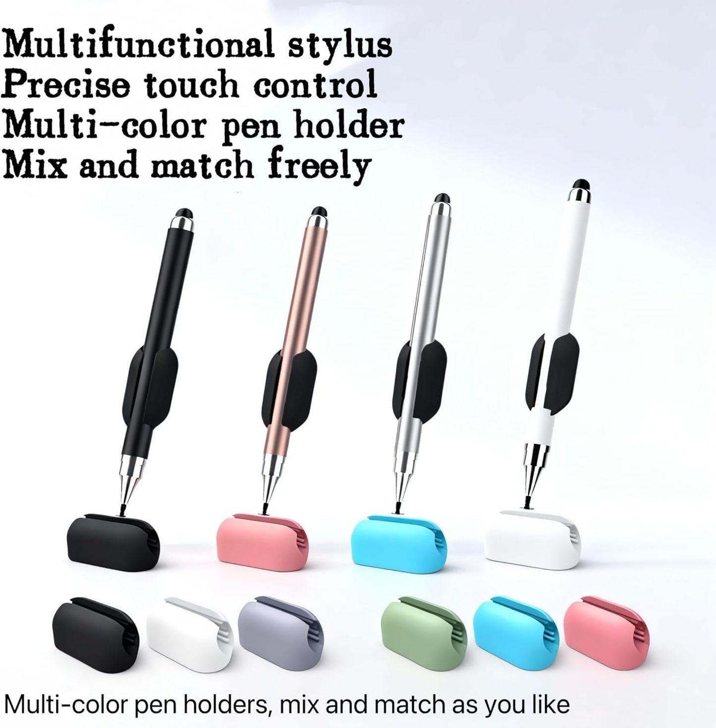 4pcs Stylus+6 Silicone Pen Clip,Pencil Holder for iPhone/ipad iOS/Android 15/14 Table,Compatible with Samsung A11+/A11/A9/A8/Fire Max 11/10/8 All Capacitive Touch Screen (colors4+6Pen Holder)