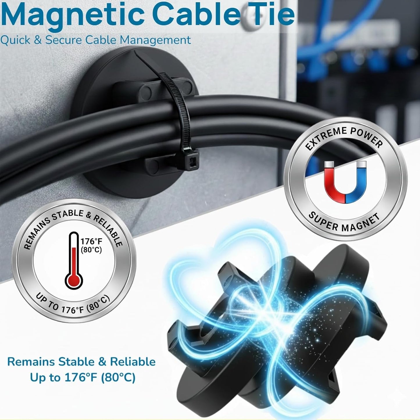225 Pieces Magnetic Cable Ties Set, 25 Magnetic Zip Tie Mounts with 200 Cable Ties, Strong Wire Holder Cables Management, Multipurpose Electrical Cord Holders Organizer (22mm)