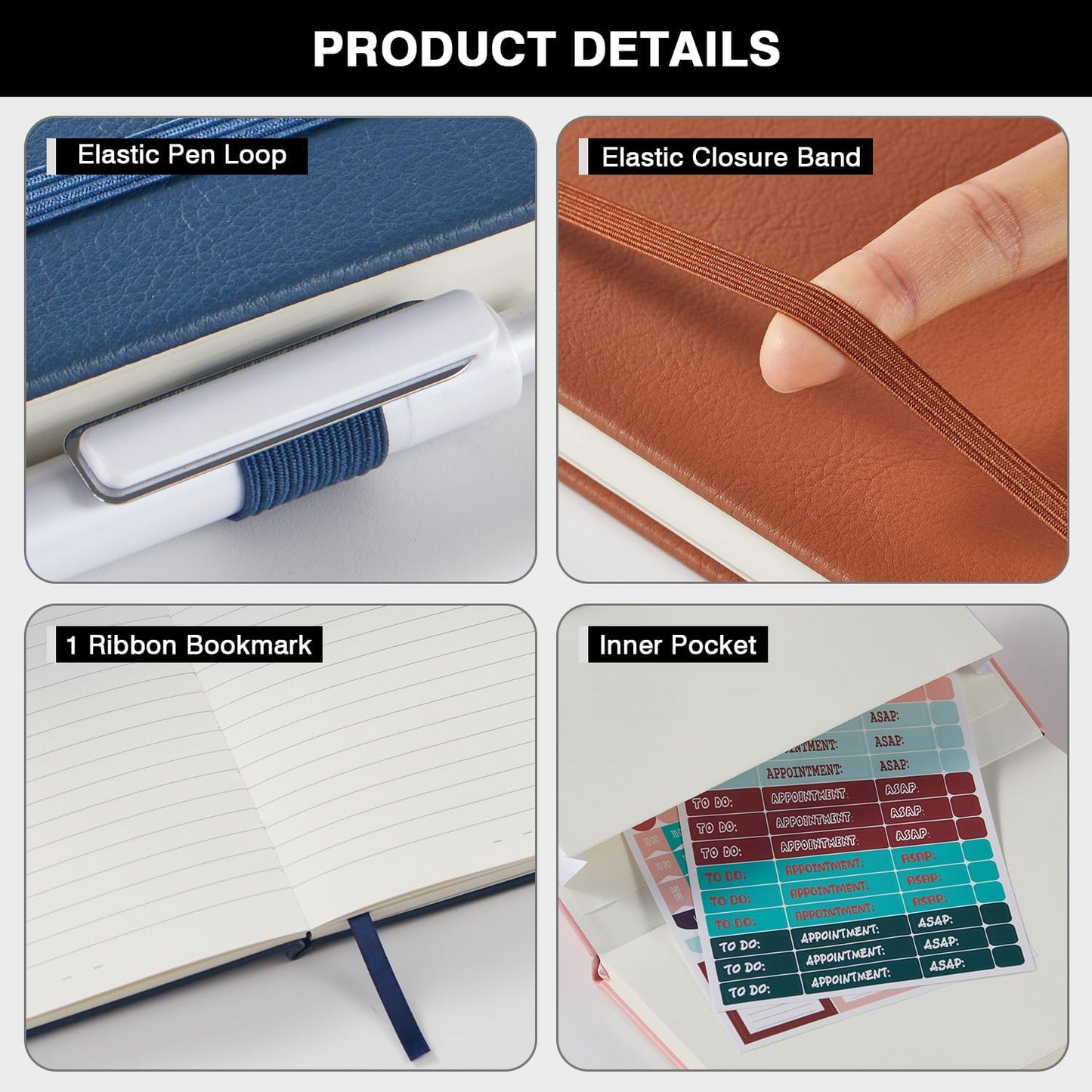 NIRMIRO 3 Pack Pocket Notebook Journals, Small Notepad Notebooks for Note Taking, A6 Mini Note pads with Pen Holder, 408 Lined Pages, 3.7" x 5.7", Black, Brown, Blue
