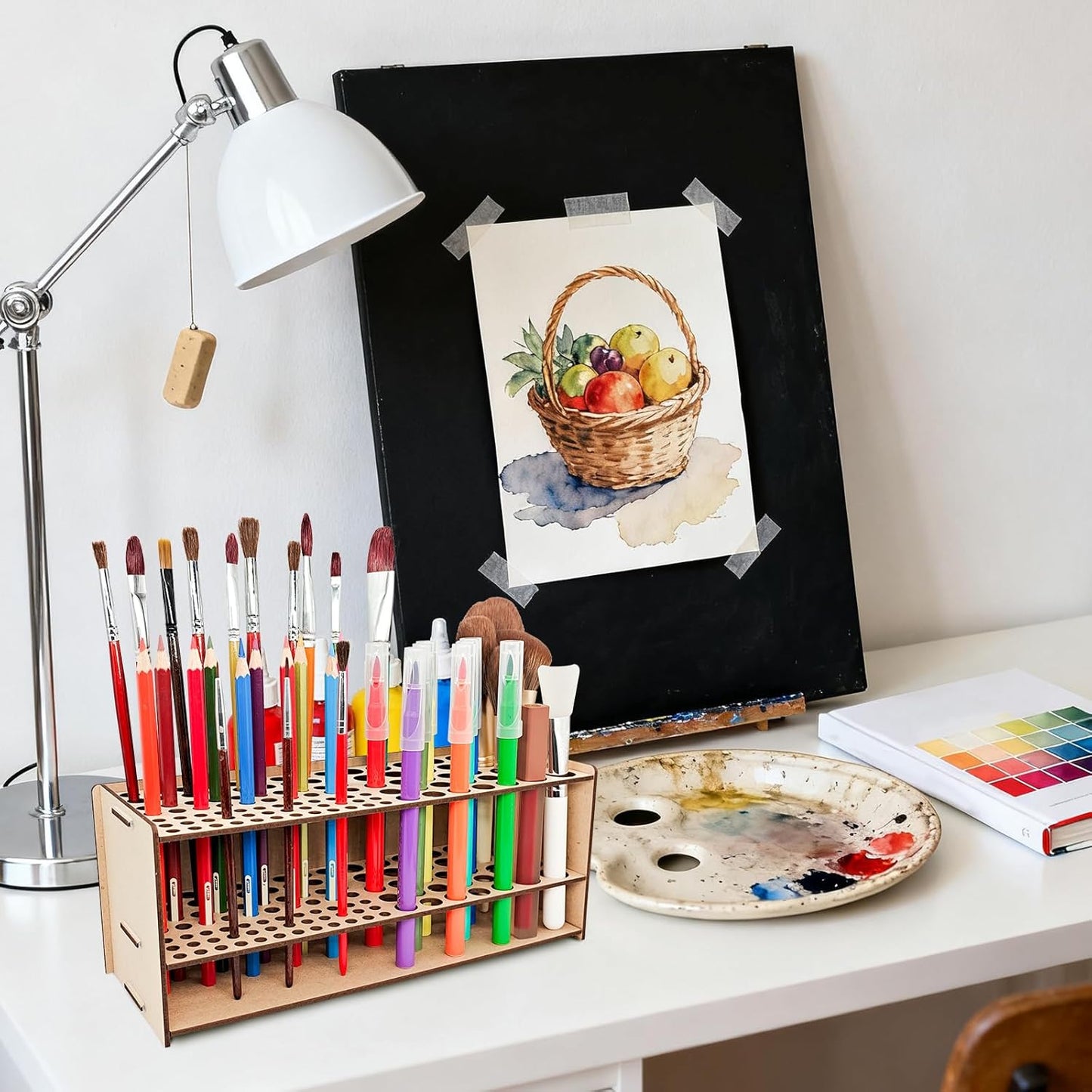Wooden Paint Brush Holder with Wood Glue 69 Holes MDF Paintbrush Holder Organizer Artist Brush Holder Paint Brush Stand Rack for Artist Brushes Pens Pencils