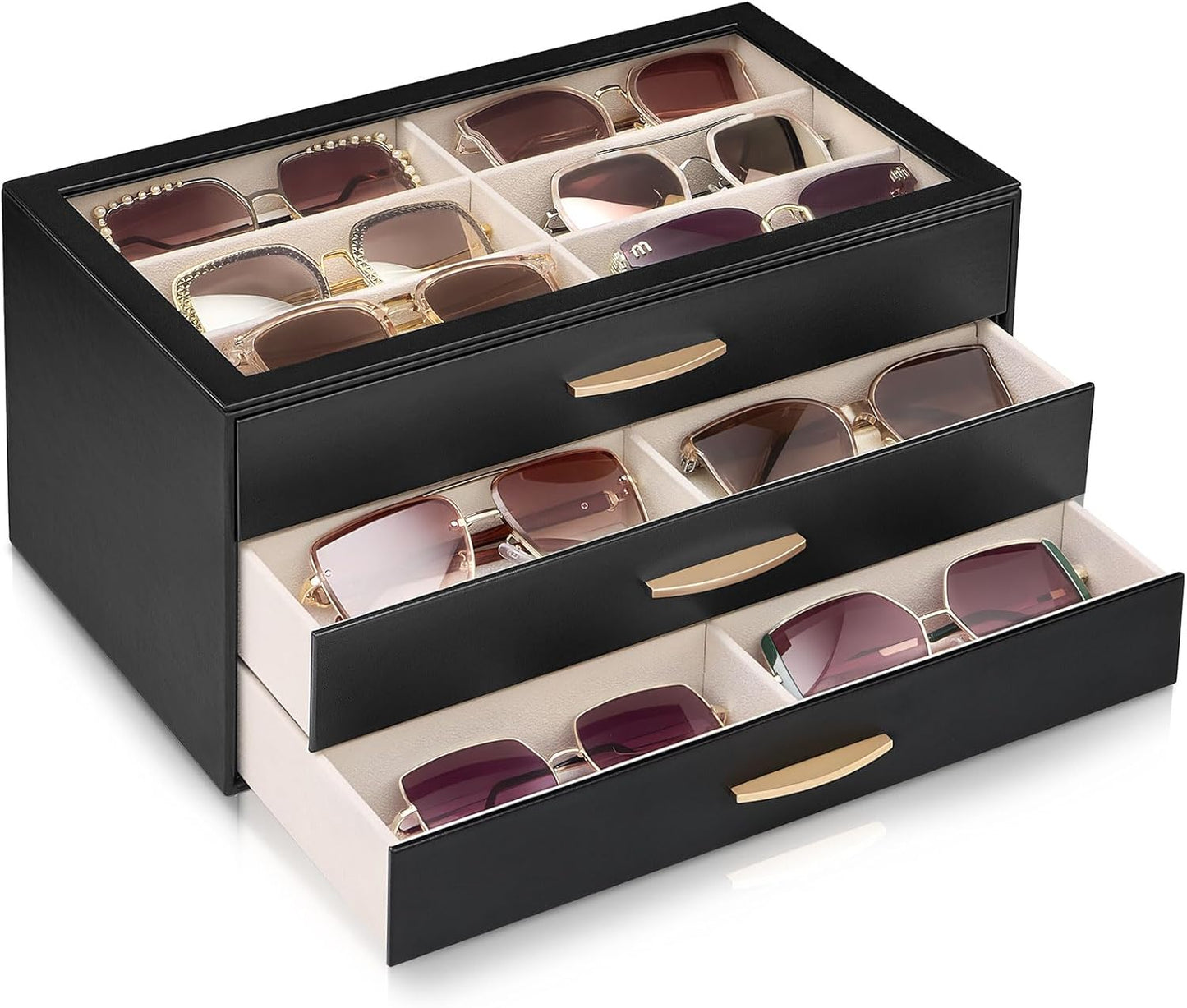 Lolalet Sunglasses Organizer for women, Multi Eyewear Storage Box with Drawer, Glasses Case Display Holder with Clear Top