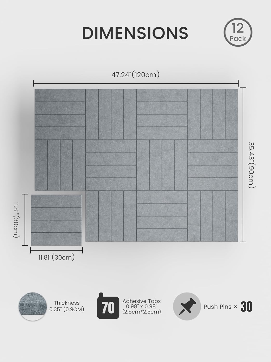 Bumusty Large Cork Board Alternative-48 x 36" Felt Bulletin Board Tiles, with 30 Pushpins, 70 Adhesive Tabs, Bold-Stripe 12-Pack, Cork Boards for Office Push Pin Board Felt Board-Carbon Blue