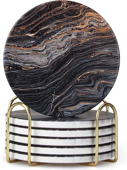 Coasters Set of 6, Navy Blue Marble Abstract Round Ceramic Coasters with Holder, Best Absorbent Drink Coaster Set, Coffee Table Decor for Home Decor House Warming Gifts New Home