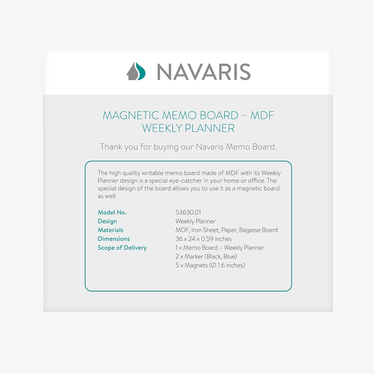 Navaris Weekly Planner White Board - 16" x 24" Magnetic Dry Erase Whiteboard Calendar with 7-Day Week Plan for Wall - Includes Markers and Magnets