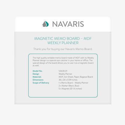 Navaris Weekly Planner White Board - 16" x 24" Magnetic Dry Erase Whiteboard Calendar with 7-Day Week Plan for Wall - Includes Markers and Magnets