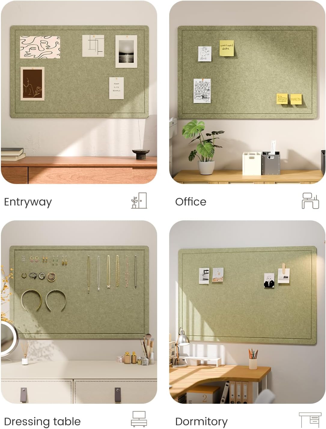 Fluxynara Bulletin Board, 23.6" x 17.5" Cork Board Alternative with 12 Safe Removable Adhesive Tabs, Foldable Felt Pin Board for Home Office, Classroom, Bedroom,Entryway for Walls—Sage
