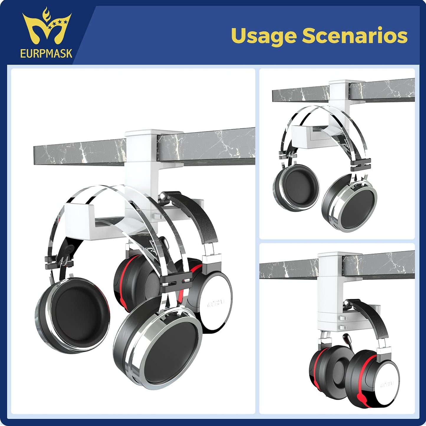 Dual Headphone Stand Holder - EURPMASK 2 in 1 PC Gaming Headset Hooks, 360 Degree Rotating Headphone Hanger with Adjustable Clamp & Cable Clip Organizer, Headset Mount Under Desk Earphone Clamp-Black