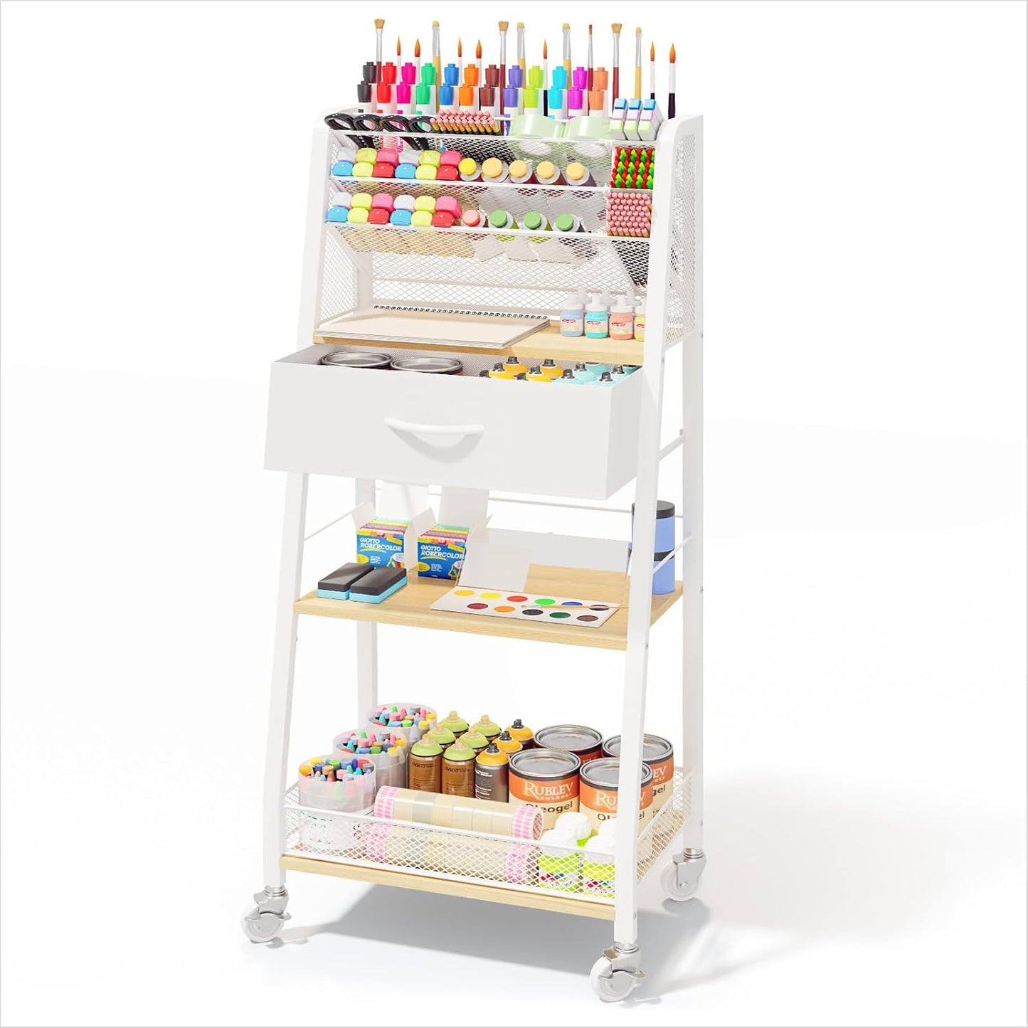 Homsorout 3 Tier Rolling Cart - Metal Utility Cart with Storage Drawer and Wheels, Versatile Art & Craft Organizer for Home, Office, or Studio - Ideal for Storing Brushes, Paints, and Supplies