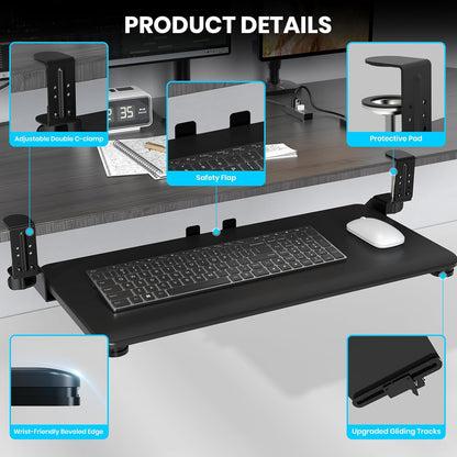 Keyboard Tray Under Desk, Pull Out Keyboard & Mouse Tray with Adjustable C-clamp, 25.6(31.5 Including Clamps) x 11.8 Inch Slide Out Computer Keyboard Drawer Mouse Tray for Typing,White