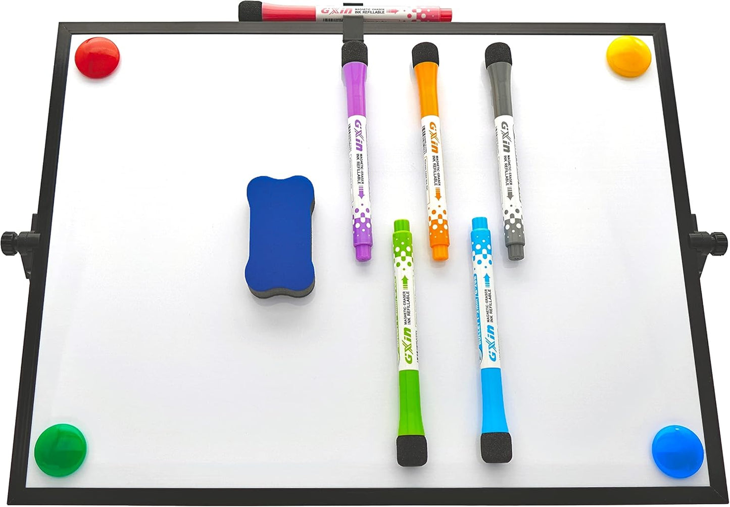 Desktop Dry Erase Board - 16in x12in Double Sided Stylish Black Frame Magnetic Desktop Whiteboard with Stand Comes with 6 Magnetic Markers, 4 Magnets, 1 Eraser, 1 Pen Clip