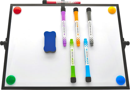 Desktop Dry Erase Board - 16in x12in Double Sided Stylish Black Frame Magnetic Desktop Whiteboard with Stand Comes with 6 Magnetic Markers, 4 Magnets, 1 Eraser, 1 Pen Clip